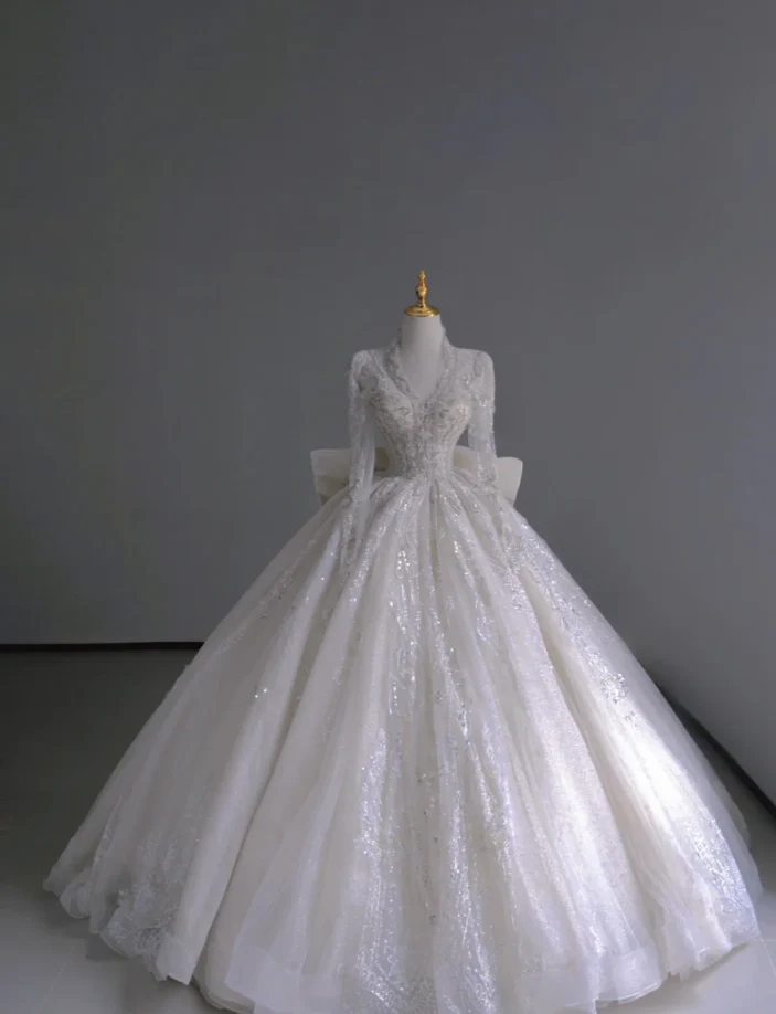 Timeless Ball Gown V Neckline Long Sleeves Long Satin White Sweep Train Wedding Dresses Brides Dress DP509 - Deanwangkt
