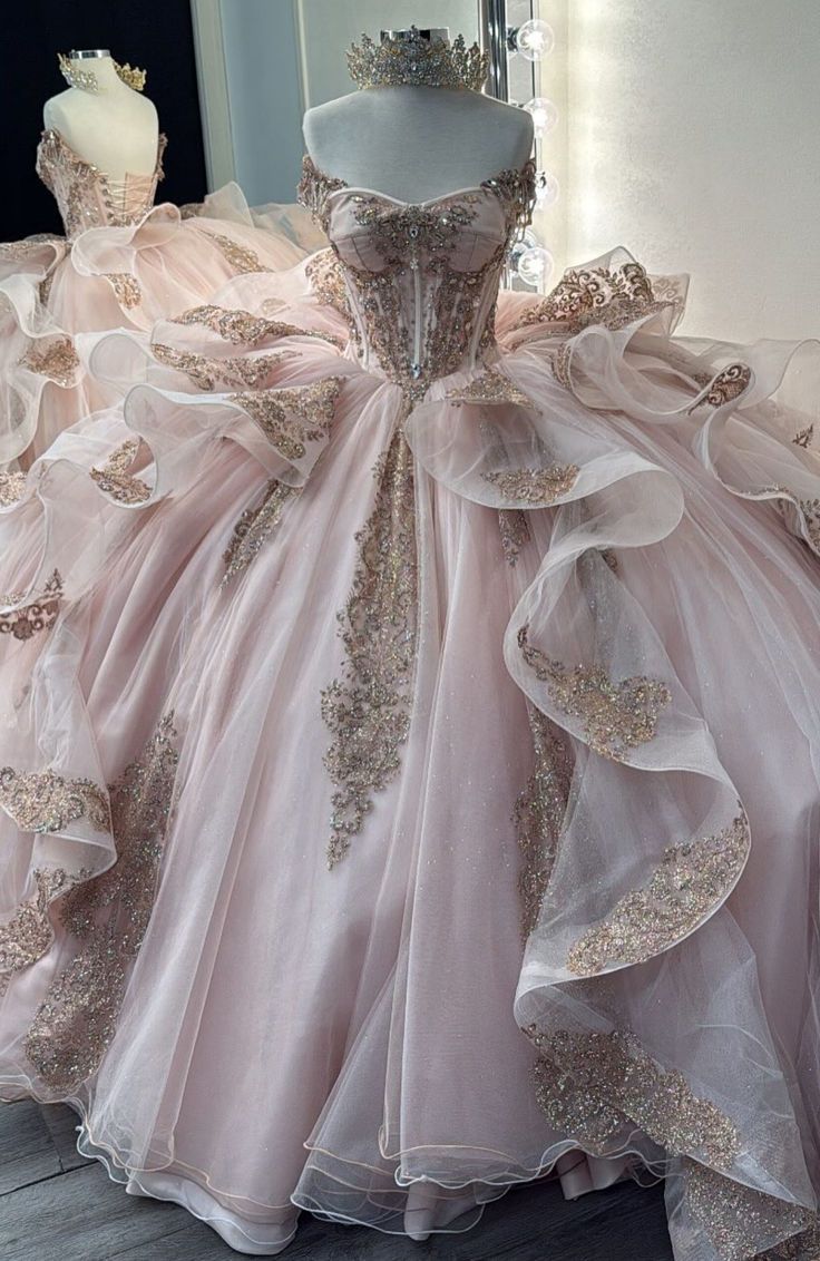 Gorgeous Pink Strapless Tulle Long Ball Gown Sweet Appliques Rhinestone Beadings 16th Birthday Dress Cute Quinceanera Dress DH2738 - Deanwangkt