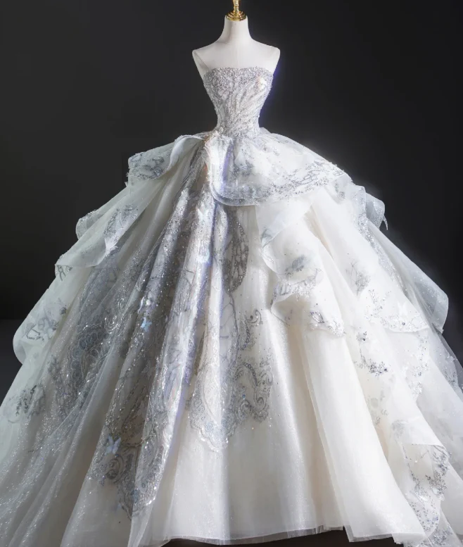 Timeless Ball Gown Strapless Sequin White Long Wedding Dresses Brides Dress DP460 - Deanwangkt