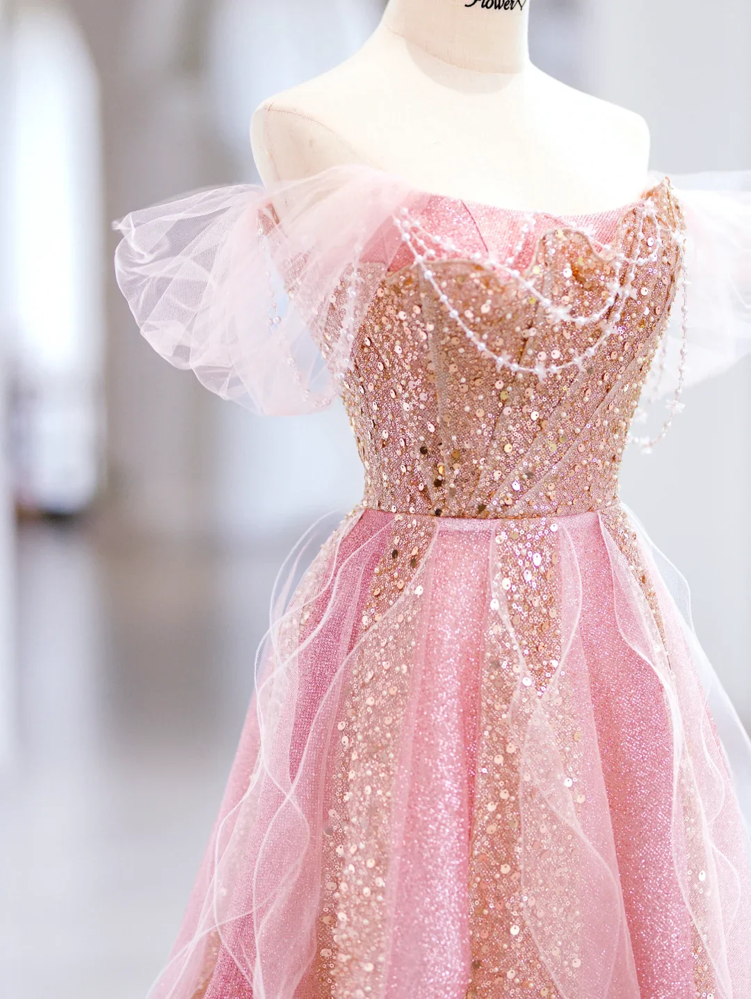 Cute A line Off The Shoulder Sequin Pink Tulle Long Evening Party Gowns Evening Dress Special Formal Dresses Prom Dress DH2798 - Deanwangkt