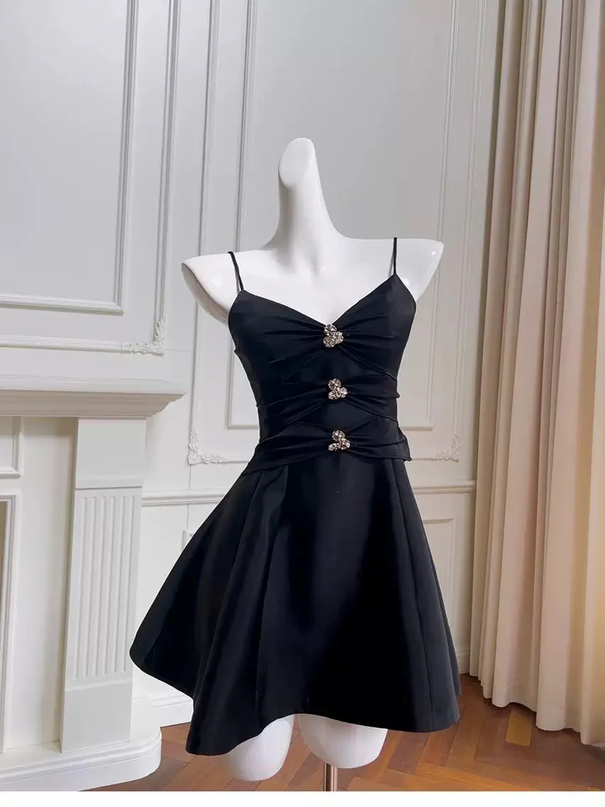 Trendy A Line Spaghetti Straps Black Satin Formal Short 8th Grade Homecoming Dress Summer Middle School Hoco Dresses Birthday Outfits W929 - Deanwangkt