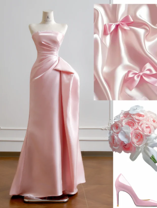Cute Sheath Pink Long Prom Dresses Strapless Sleeveless Formal Dresses Satin Pink Birthday Dresses  DP3826 - Deanwangkt