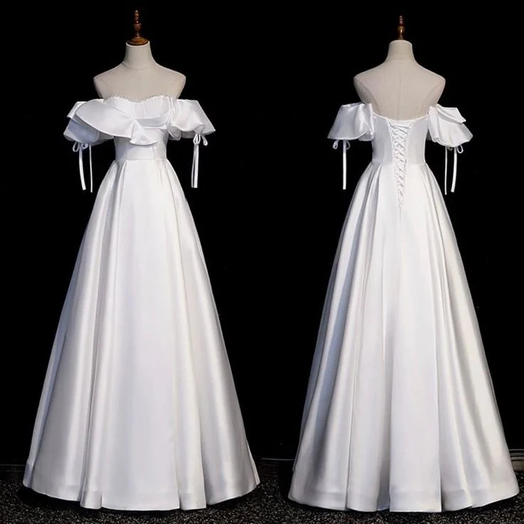 Classic Bridal Gown A Line Off The Shoulder Short Sleeves Satin White Wedding Dresses Minimalist Bridal Gowns DH754 - Deanwangkt