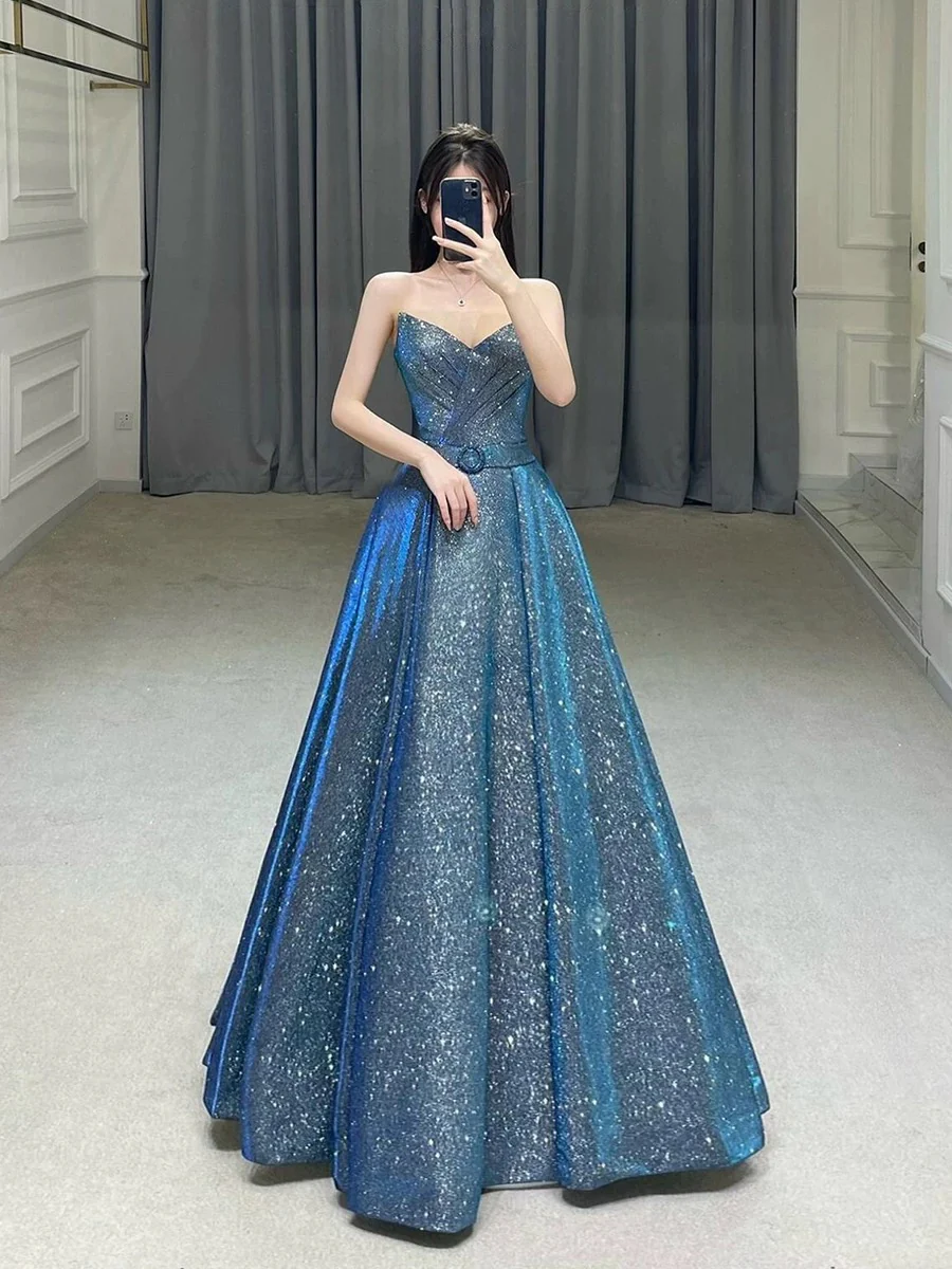 Classy Ball Gown Sweetheart Blue Sequin Evening Dress Long Prom Dresses H2871 - Deanwangkt