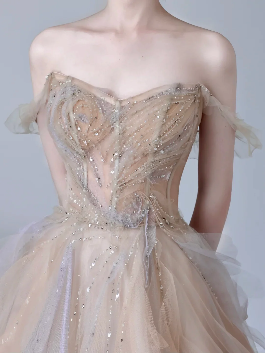 Gorgeous Ball Gown Off The Shoulder Champagne Tulle Long Prom Dresses Graduation Dresses DP664 - Deanwangkt