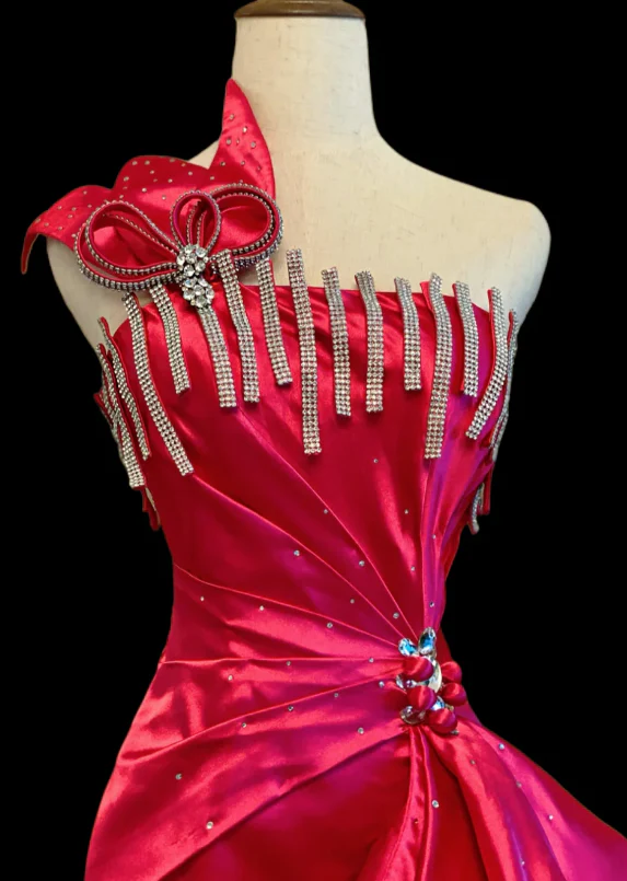 Chic One Shoulder Sheath Satin Long Prom Dresses, Hot Pink Formal Evening Dresses DP3092 - Deanwangkt