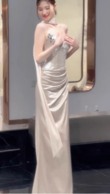 Elegant Sheath Strapless Evening Gown Satin Champagne Formal Dress Sequin Long Prom Dresses DP2789 - Deanwangkt