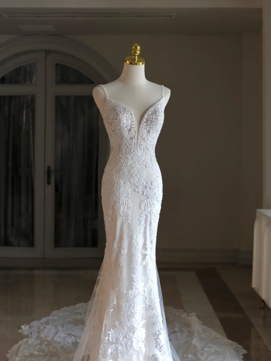 Luxury Mermaid Spaghetti Straps Lace White Wedding Dress Modest Wedding Dresses Princess Wedding Gowns DH1548 - Deanwangkt