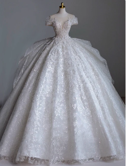 Princess Bridal Dress Ball Gown Round Neck Tulle White Beads Long Wedding Dress Modest Bridal Gowns DP2769 - Deanwangkt