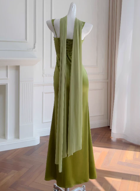 Glam Square Neck Sheath Evening Dresses Satin Green Wedding Guest Dresses DP3207 - Deanwangkt