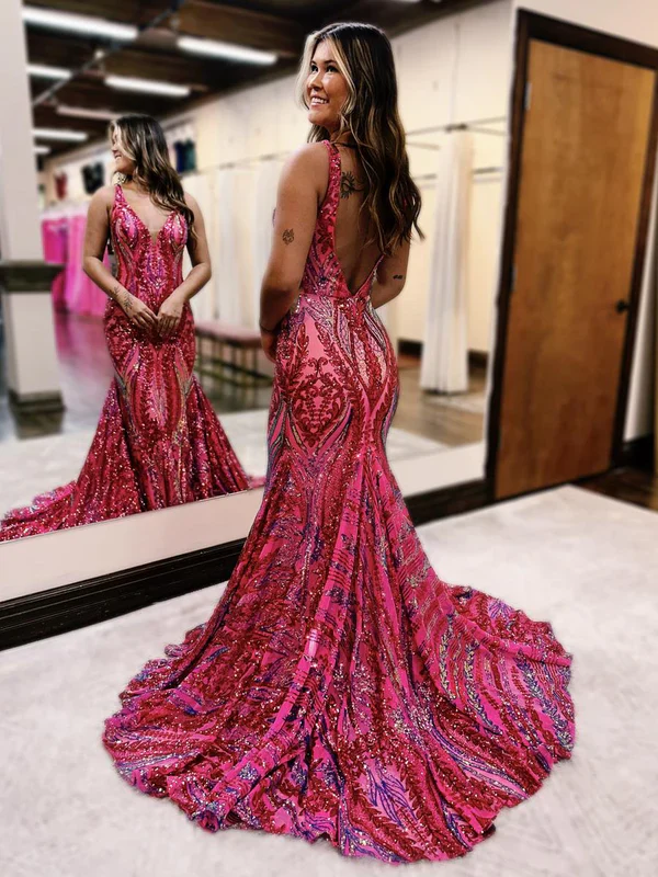 Sexy Charming Mermaid V Neck Blue Sequined Lace Long Prom Dress Evening Dresses DP254 - Deanwangkt