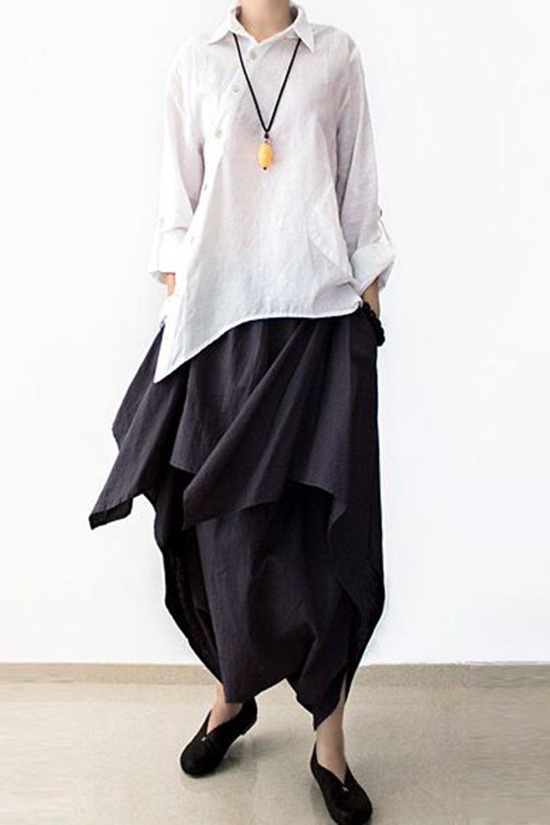 Cotton Wide Leg Pants Black Casual Loose Women Trousers