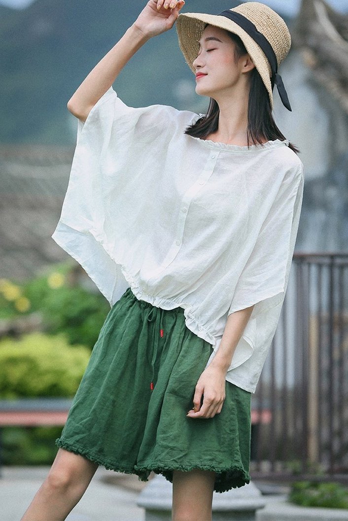 Loose Green And Yellow Linen Shorts Women Summer Trousers
