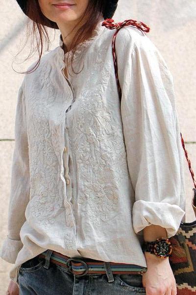 Limited Stock- Women Retro Embroidered  Loose 100% Linen Shirt
