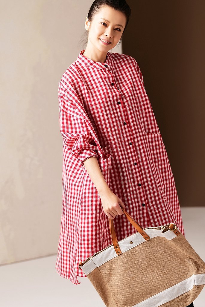 Korea Style Medium Length Loose Plaid Shirt Women Casual Blouse