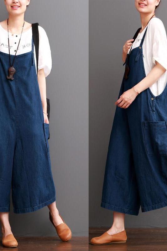 Cowboy Blue Causel Loose Overalls Big Pocket Trousers Plus Size Outfits