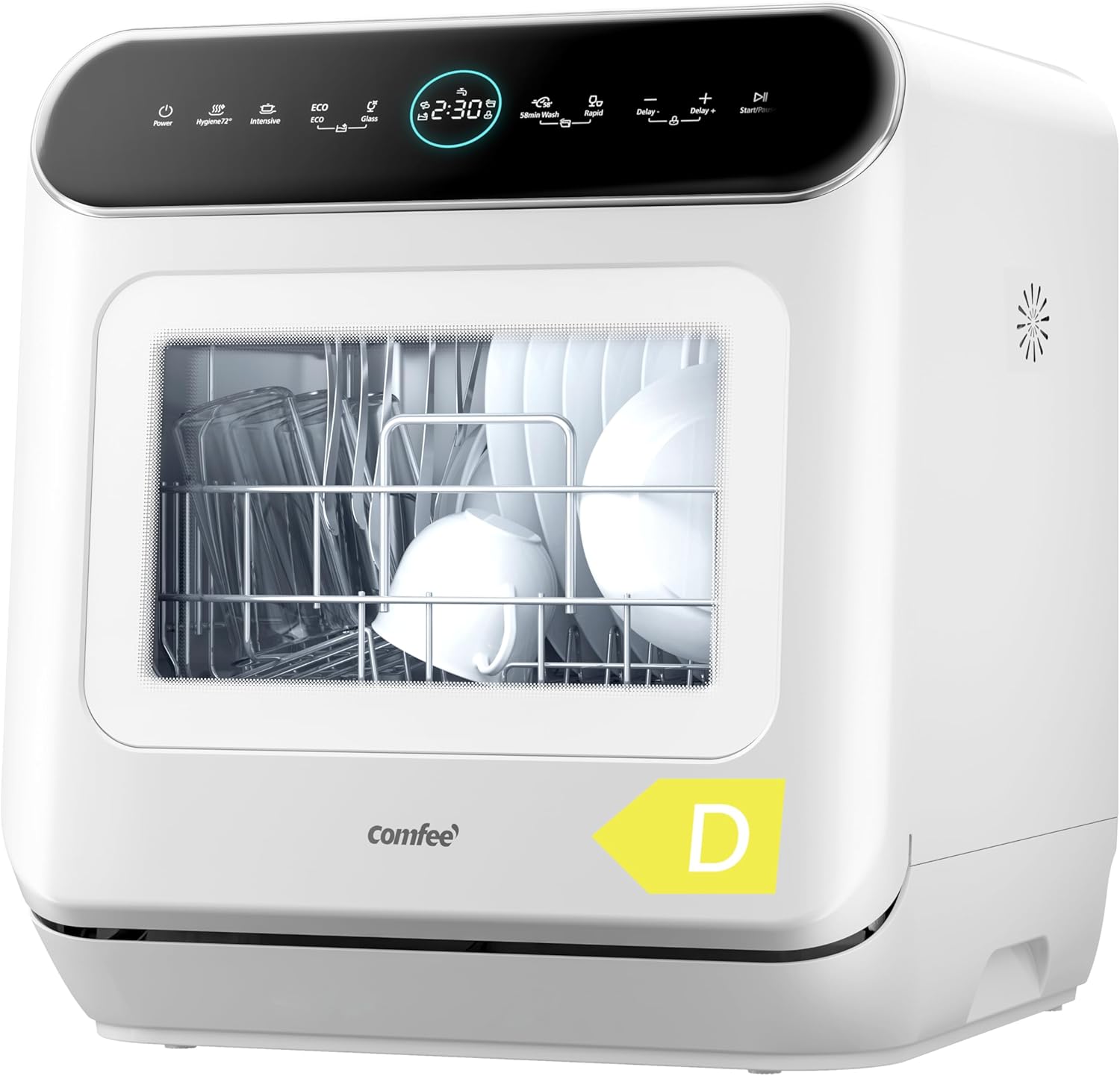 COMFEE'TableTopDishwasher7+3ProgramsMiniTabletopDishwasherNoPlumbing,6LBuilt-inWaterTank,HygieneWash,AutoDoorOpenDrying,EnergyClassD-White[EnergyClassD]