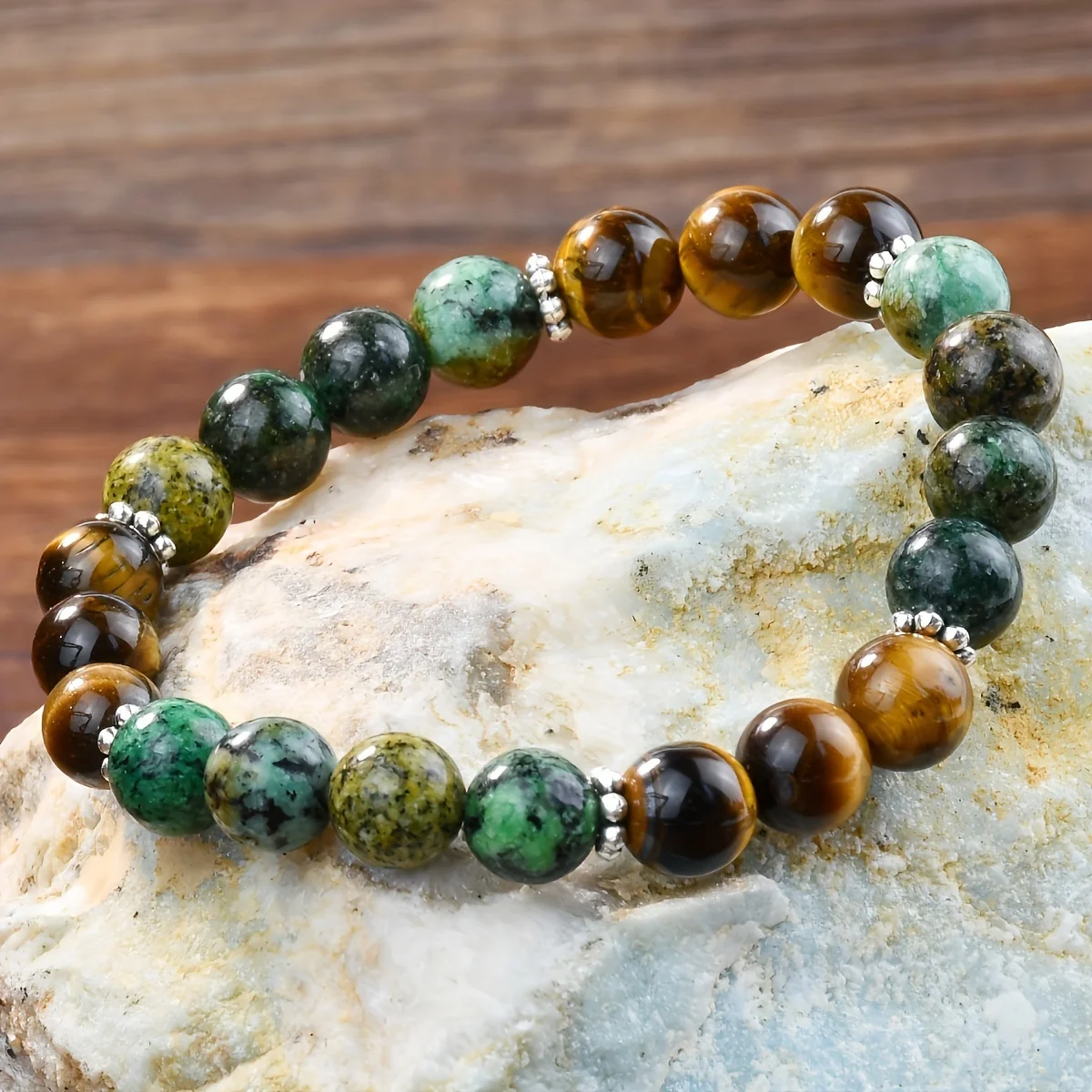 Tiger Eye African Turquoise Elastic Bracelet – Confidence & Energy Balance | Feng Shui Inspired Handcrafted Jewelry - Vibe Jew