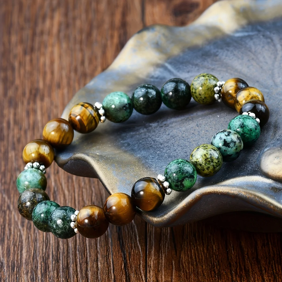 Tiger Eye African Turquoise Elastic Bracelet – Confidence & Energy Balance | Feng Shui Inspired Handcrafted Jewelry - Vibe Jew