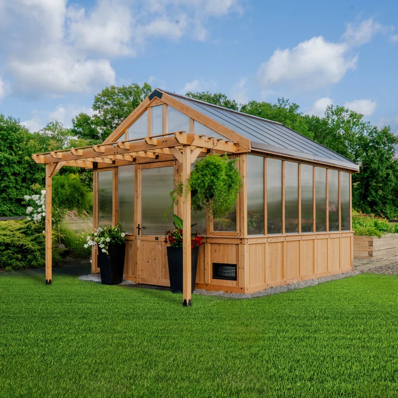 Backyard Discovery Bellerose XL 13' x 11' Cedar Wood and Polycarbonate Walk-In Outdoor Greenhouse Kit with Pergola
