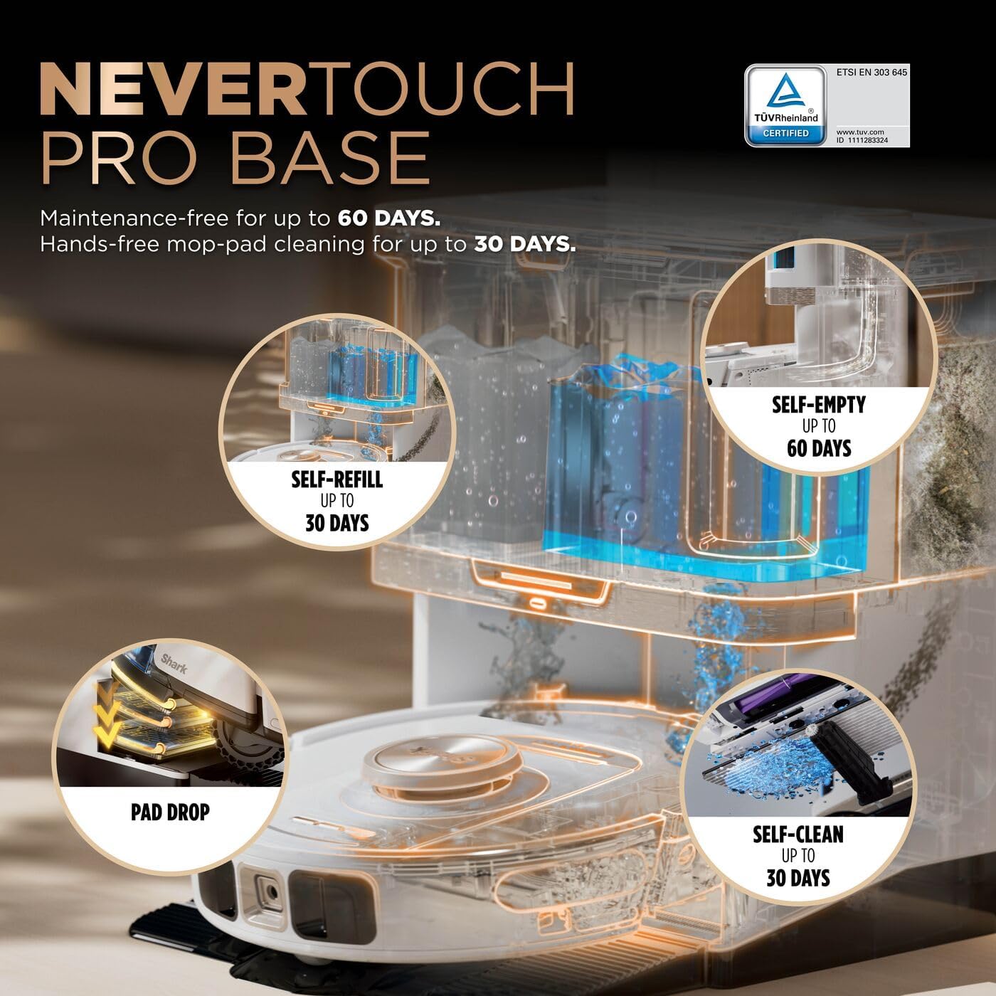 Shark PowerDetect Robot Vacuum and Mop with 60-Day Self-emptying and Cleaning Base - 3D LiDAR Navigation - Wi-Fi/App - 3 Anti-microbial Pads. 2 Odour Cartridges and 2 Brushes Incl. - White