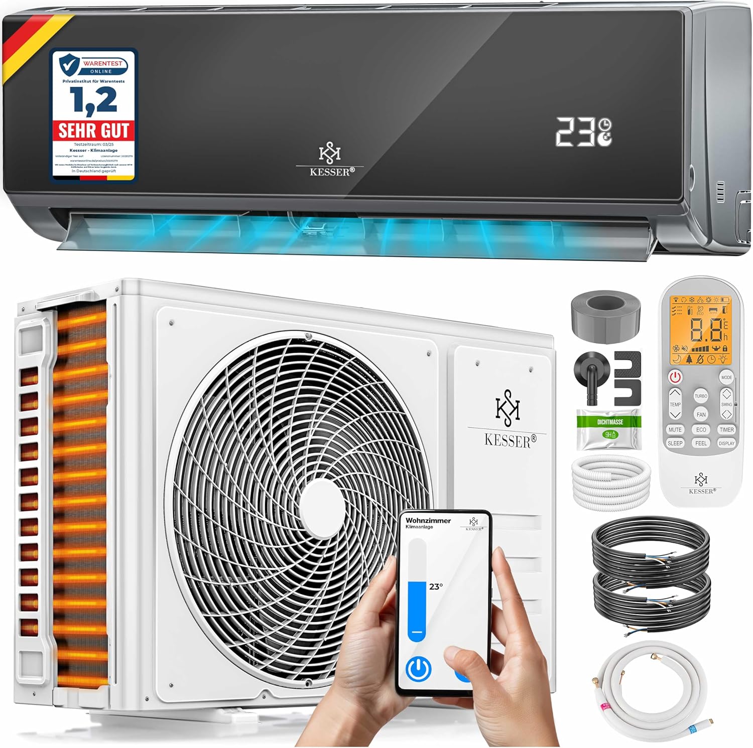 KESSER® Air Conditioner Set with Split System - with WiFi/App Function - Cooling A++/Heating A+ - 12000 BTU/h (3400 Watts). Refrigerant R32 - Remote Control. Timer Function - incl. Complete Mounting