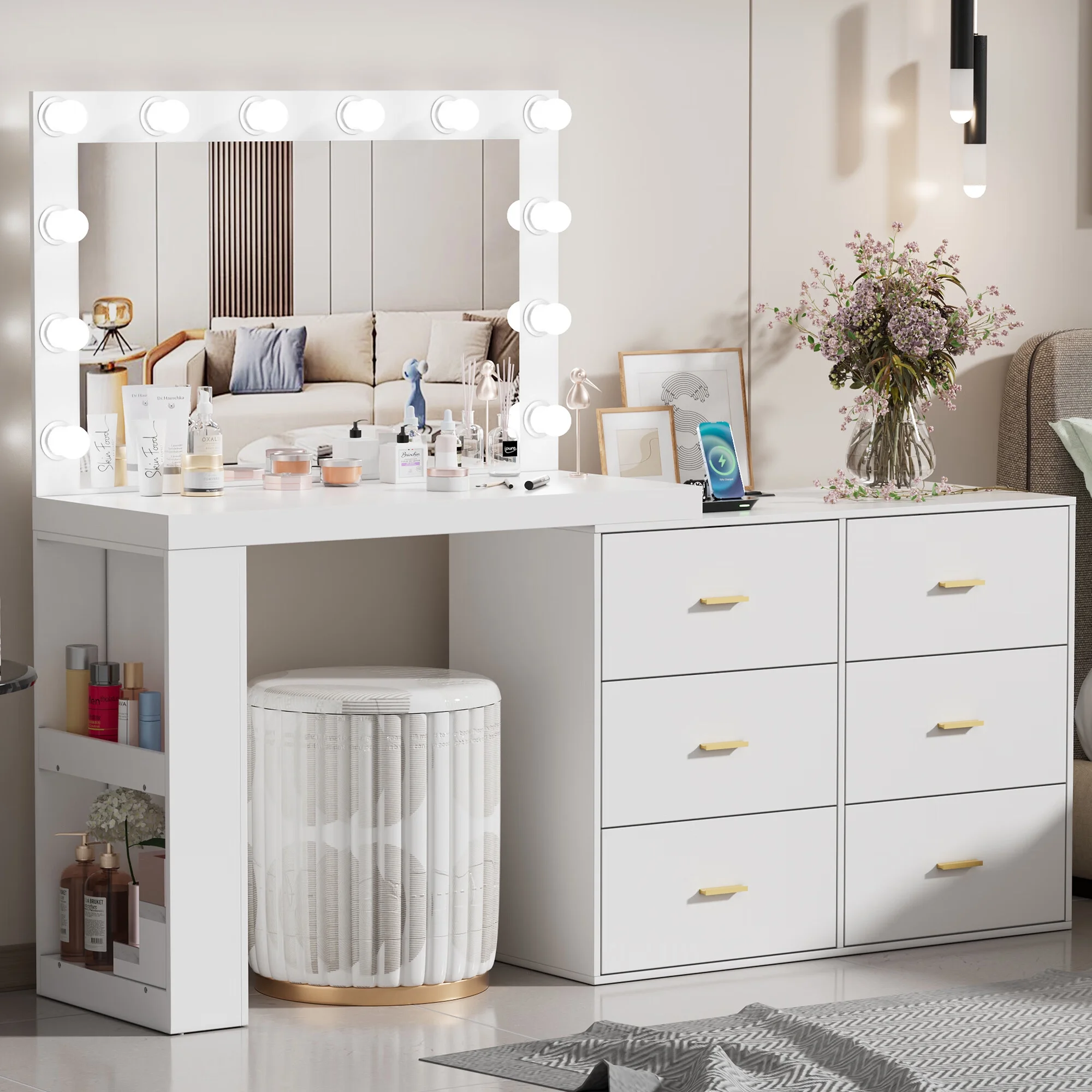 PAKASEP Makeup Vanity Desk with Mirror. 3-Color Lights. Charging Station. 6 Drawers. and Side Storage Shelves for Bedroom. White Vanity Dressing Table