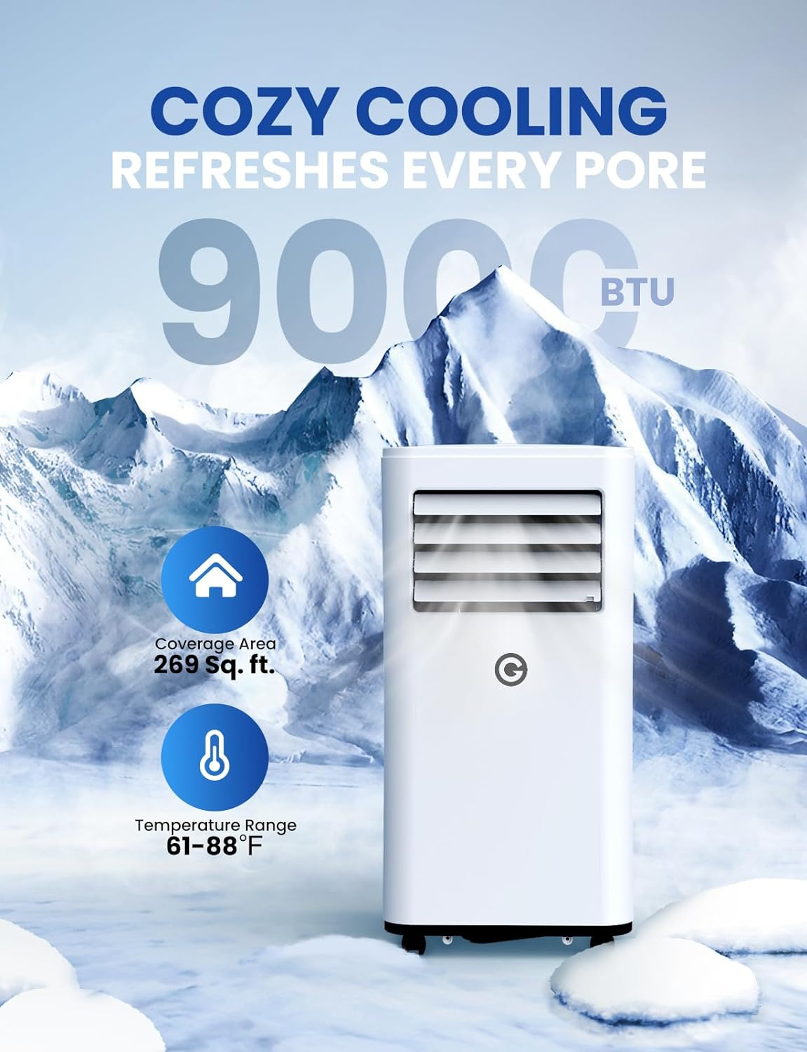 Air Conditioning Unit Portable Air Conditioner 9000 BTU 4-in-1 Dehumidifier. Cooling Fan with 2 Speeds. Digital Display & Remote Control. Window Kit. 24 Hour Timer for Room Up to 269sq.ft
