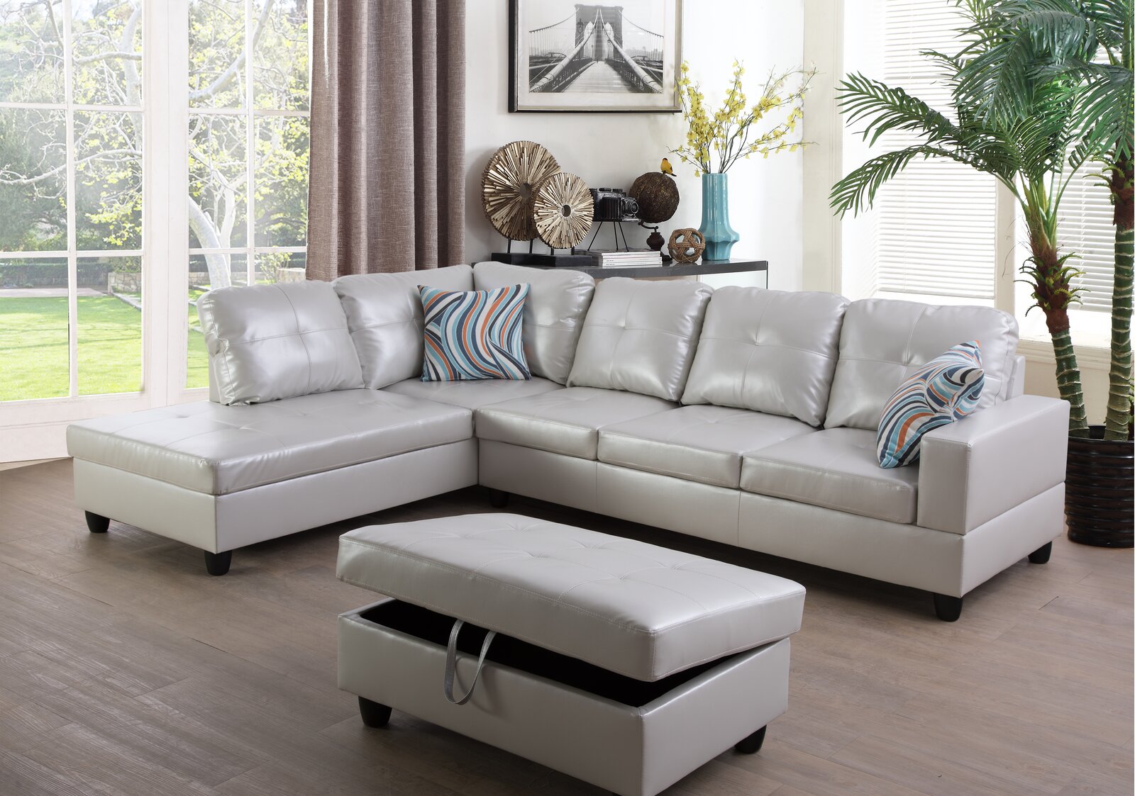 Wilhelmine 103.5 Wide Faux Leather Sofa & Chaise With Ottoman